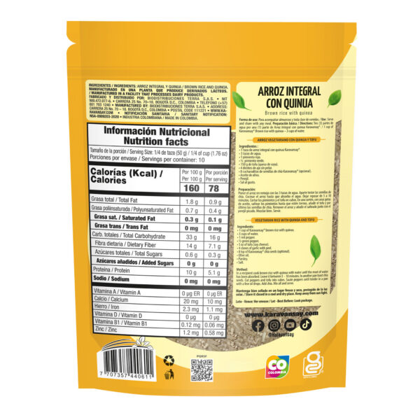reverso del arroz integral con quinua Karavansay con información nutricional
