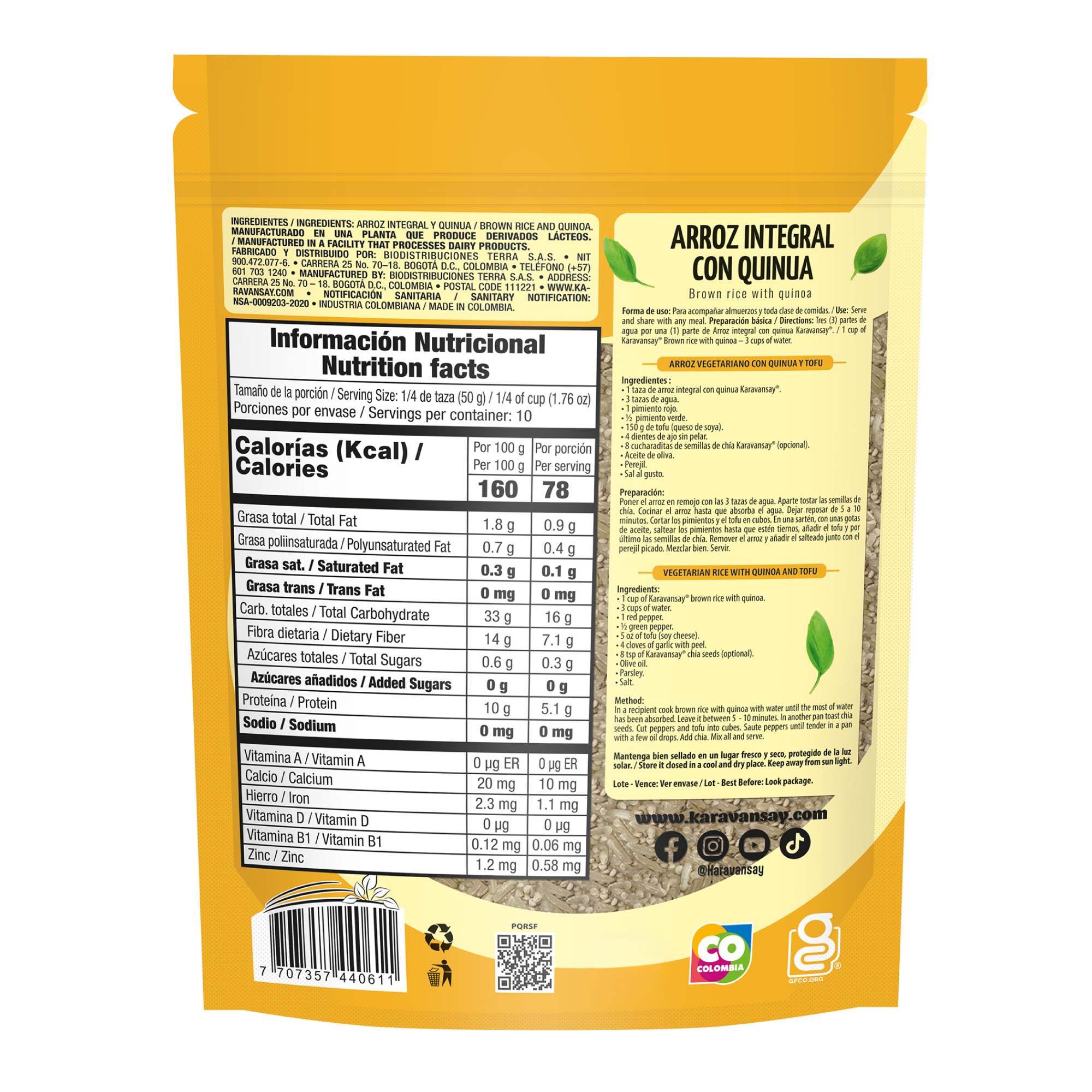 reverso del arroz integral con quinua Karavansay con información nutricional