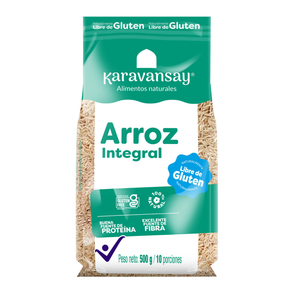arroz integral Karavansay en bolsa verde, grano entero natural rico en fibra