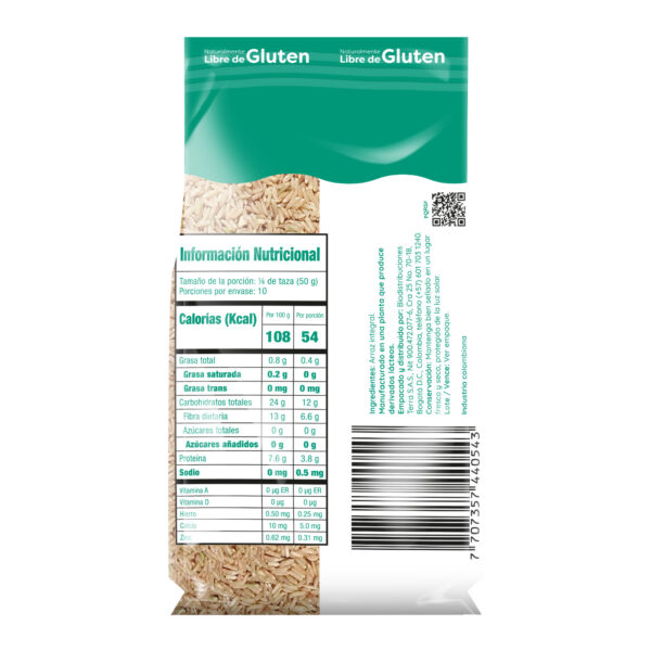 reverso del arroz integral Karavansay con tabla nutricional