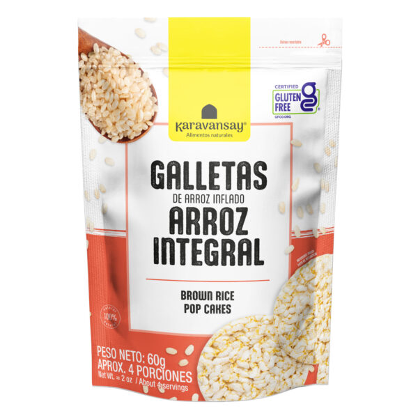 galletas de arroz integral inflado Karavansay en empaque blanco y naranja, snack crocante ligero