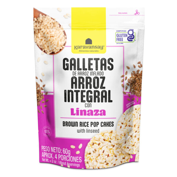 galletas de arroz integral con linaza Karavansay en empaque blanco y fucsia, snack crocante