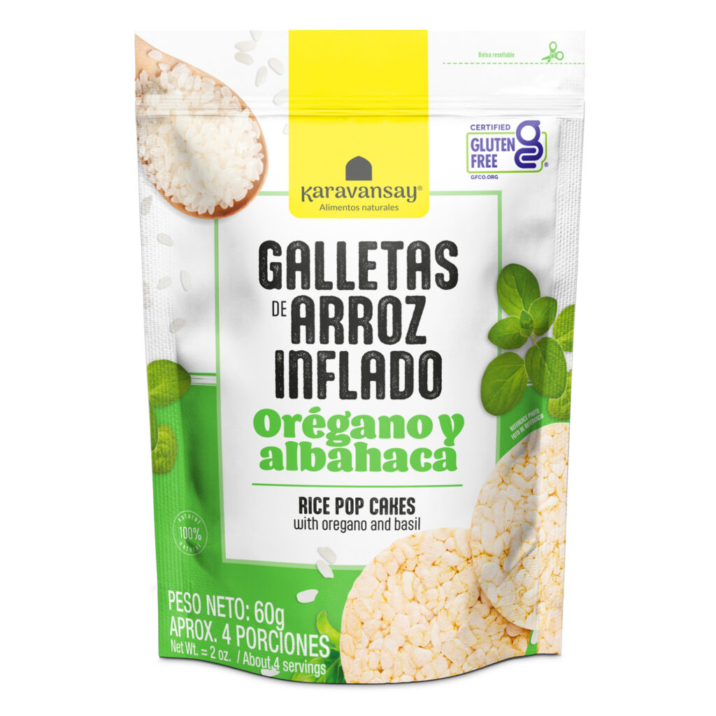 galletas de arroz integral orégano y albahaca Karavansay en empaque verde, snack crocante