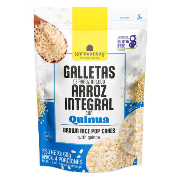 galletas-arroz-quinua-karavansay-empaque-frontalMostrar más líneas galletas de arroz integral con quinua Karavansay en empaque blanco y azul, snack crocante