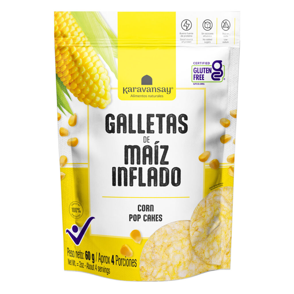 galletas de maíz inflado Karavansay en empaque blanco y amarillo, snack crocante ligero