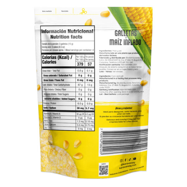 reverso de las galletas de maíz inflado Karavansay con tabla nutricional
