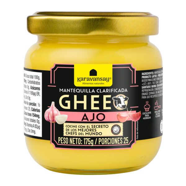 Ghee con ajo Karavansay en frasco de vidrio, mantequilla clarificada con ajo natural