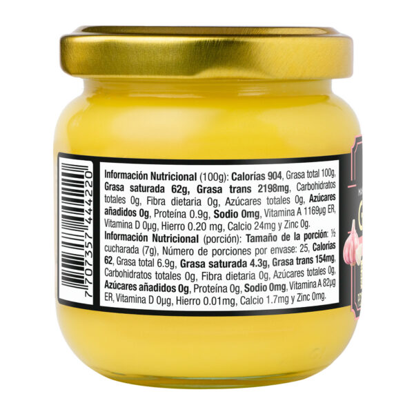 Reverso del ghee con ajo Karavansay con información nutricional