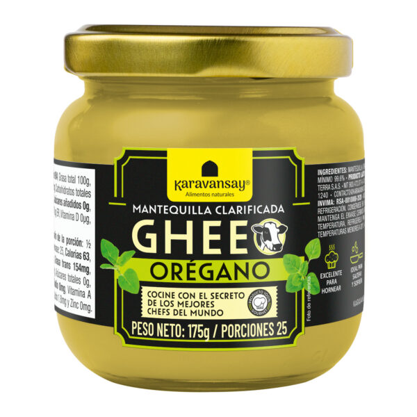 Ghee con orégano Karavansay en frasco de vidrio, mantequilla clarificada natural