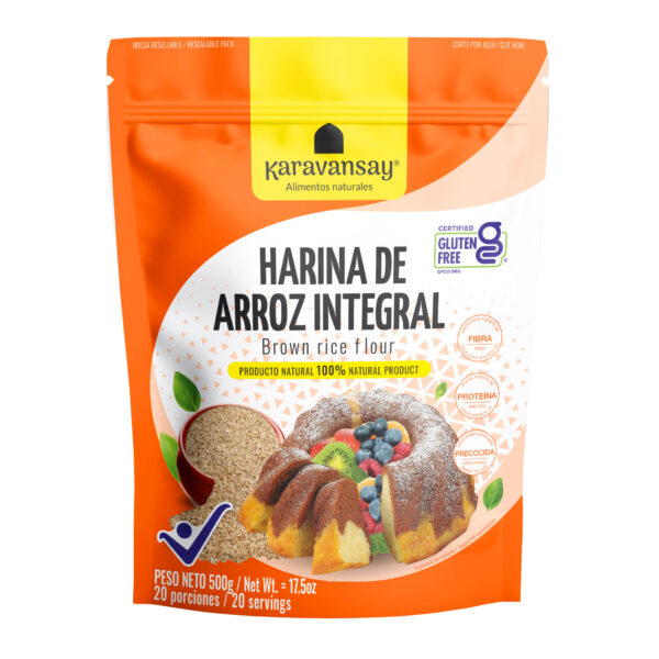 harina de arroz integral Karavansay en bolsa naranja, producto natural rico en fibra