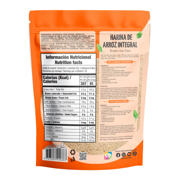 reverso de la harina de arroz integral Karavansay con tabla nutricional