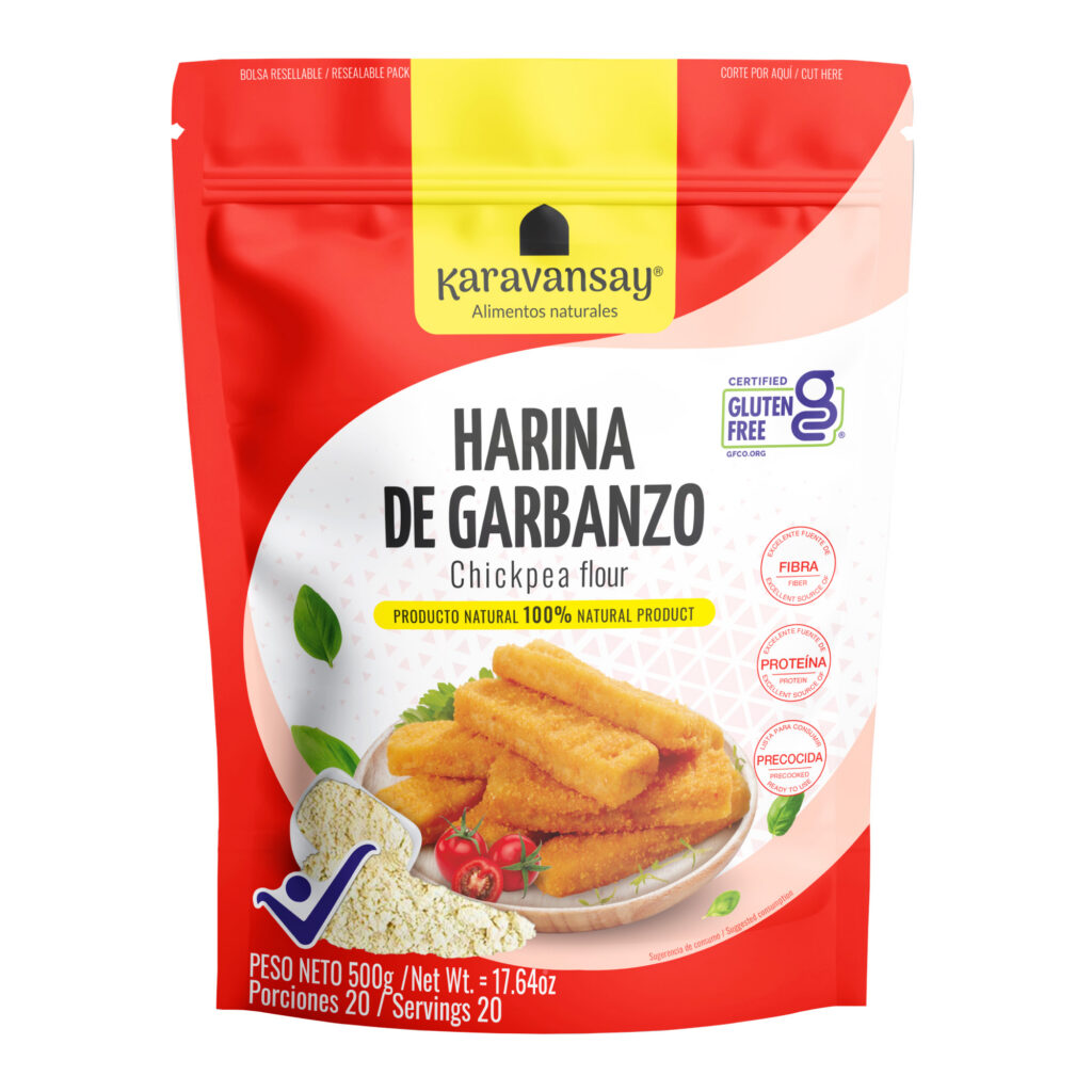 harina de garbanzo Karavansay en bolsa roja, producto natural rico en proteína