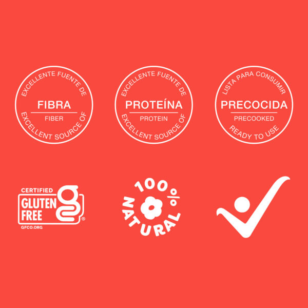 sellos de beneficios de la harina de garbanzo Karavansay, fuente de proteína y fibra, 100% natural y precocida