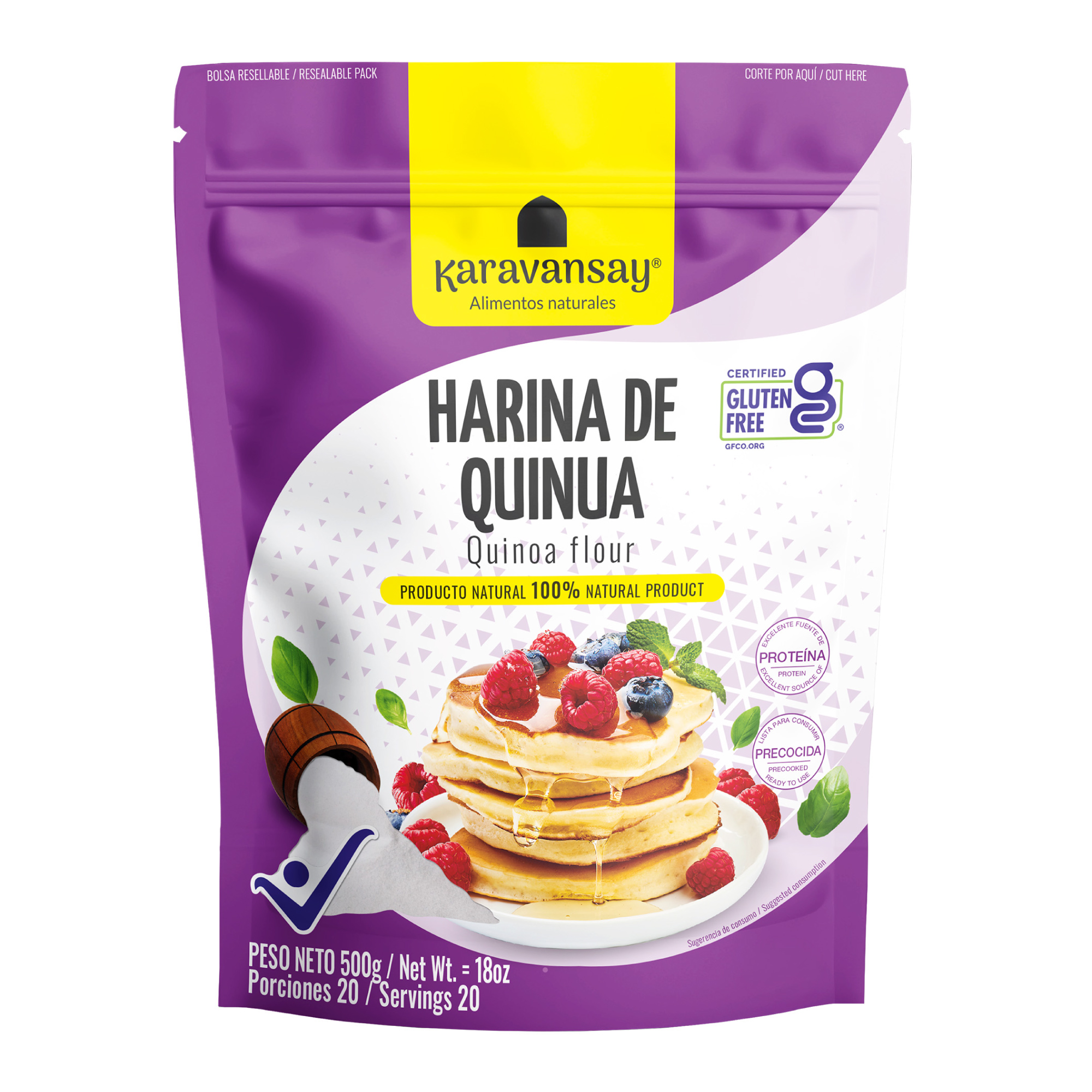 harina de quinua Karavansay en bolsa morada, producto natural rico en proteína