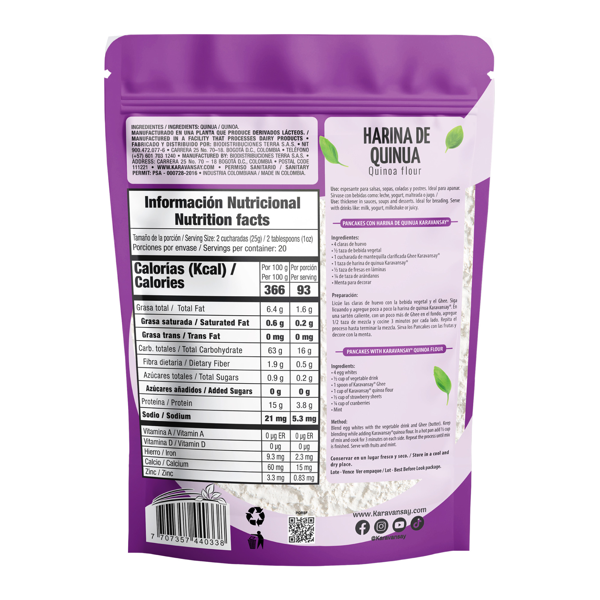 reverso de la harina de quinua Karavansay con tabla nutricional