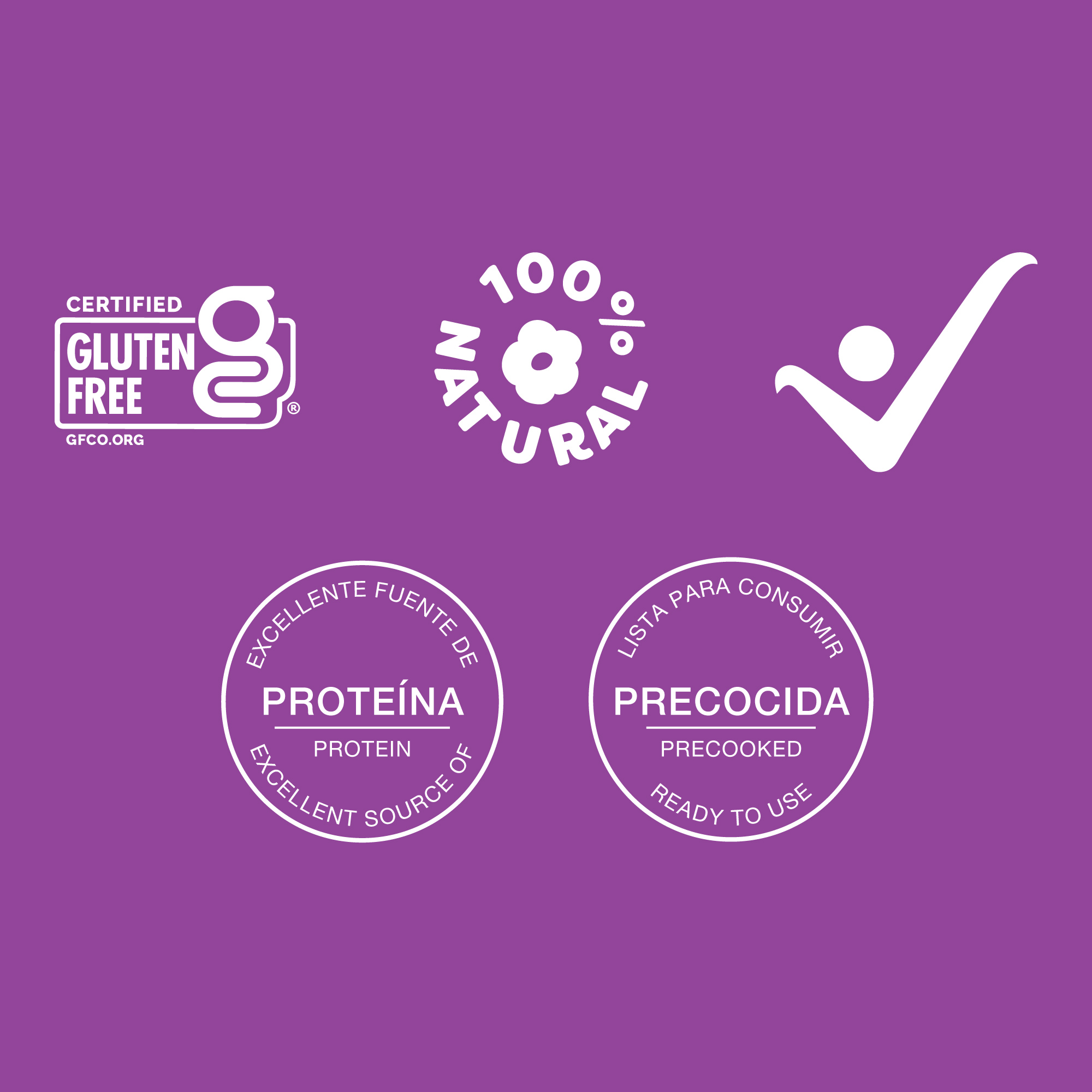 Sellos de beneficios de la harina de quinua Karavansay, producto 100% natural, libre de gluten, fuente de proteína y lista para usar