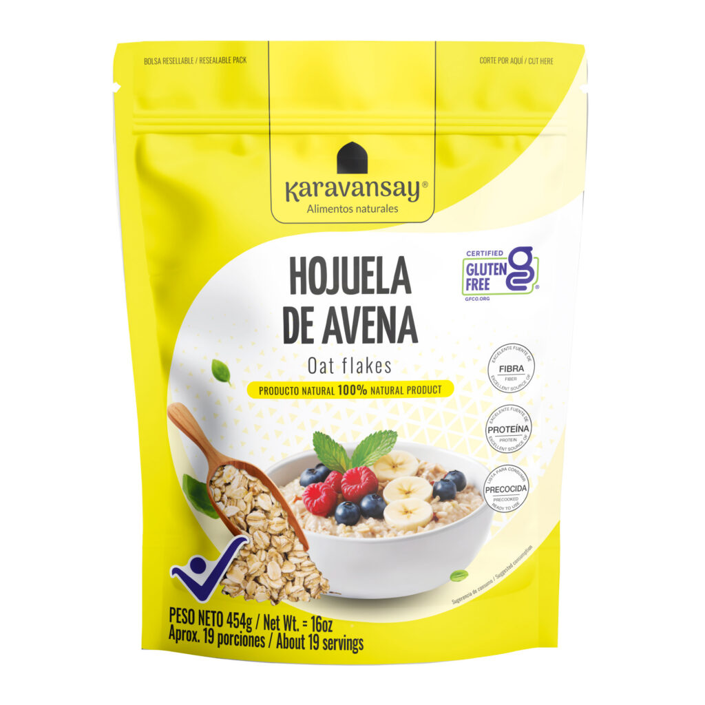 hojuelas de avena Karavansay en bolsa amarilla, cereal natural listo para preparar