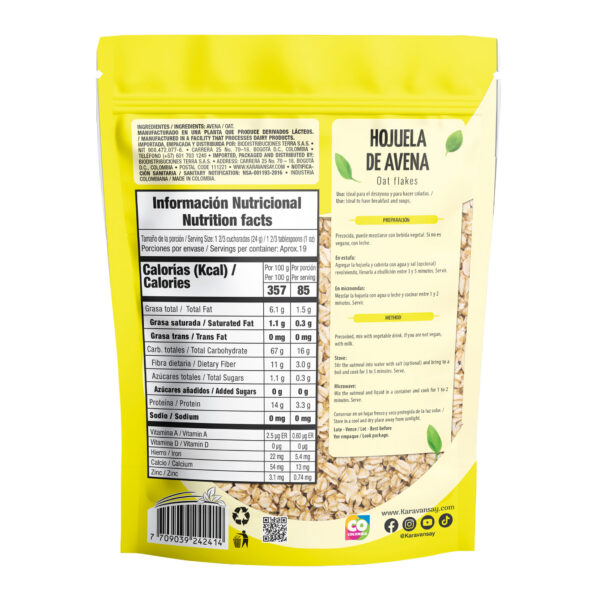 reverso de las hojuelas de avena Karavansay con tabla nutricional