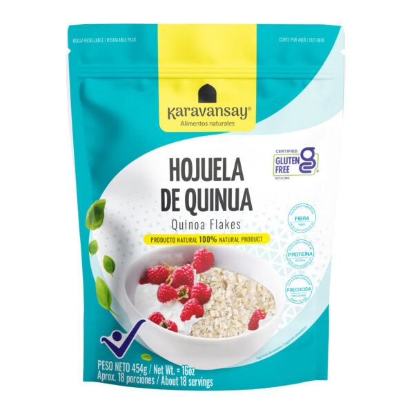hojuelas de quinua Karavansay en bolsa turquesa, cereal natural listo para preparar