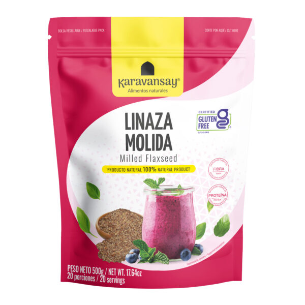 linaza molida Karavansay en bolsa rosada, producto natural rico en fibra