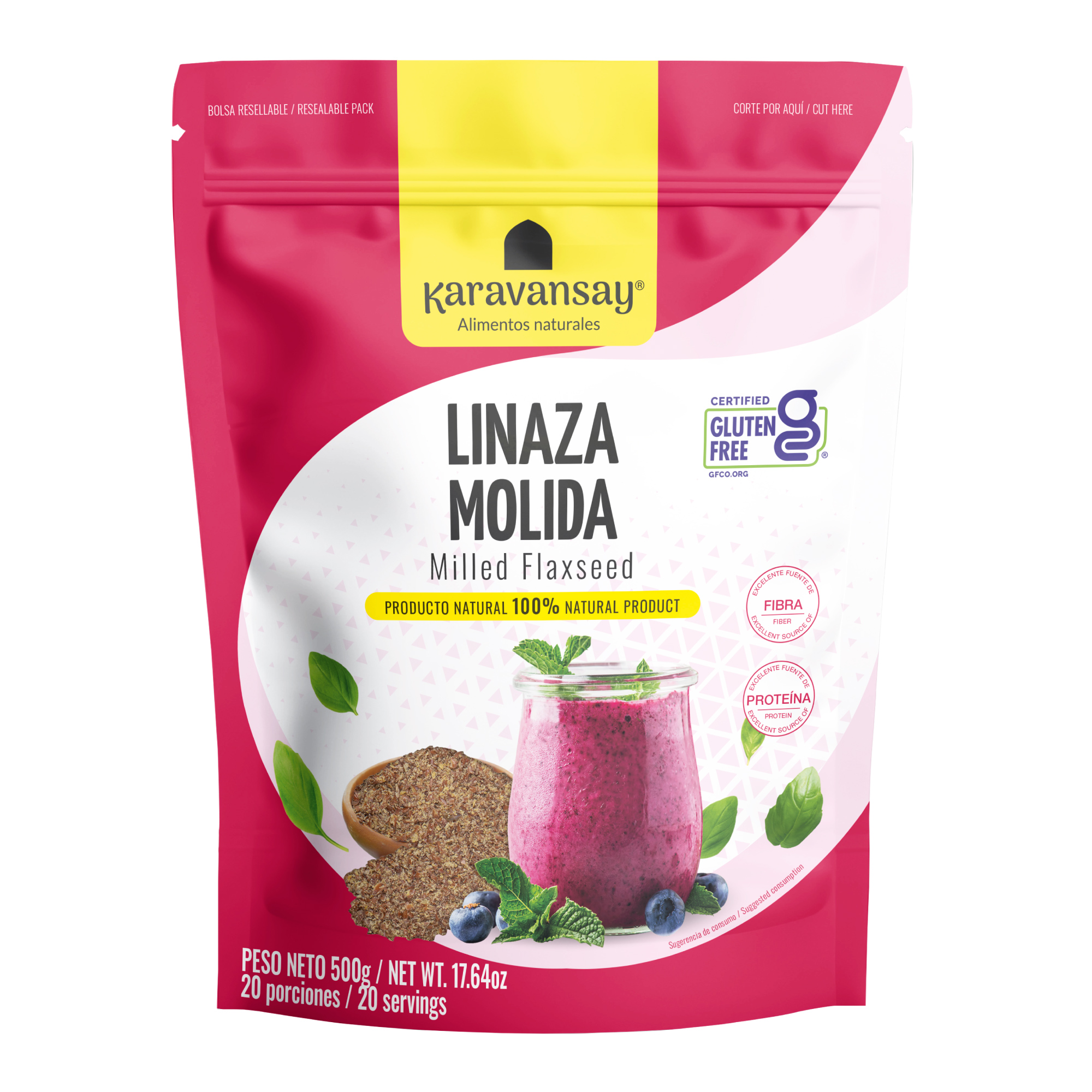 linaza molida Karavansay en bolsa rosada, producto natural rico en fibra