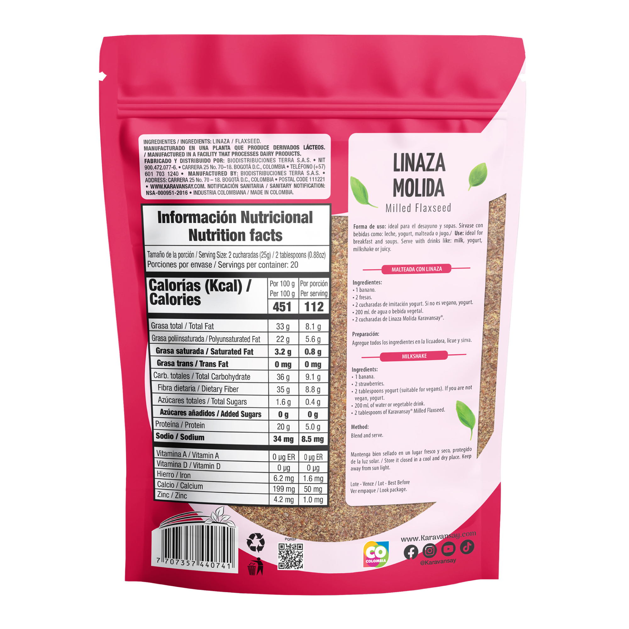 reverso de la linaza molida Karavansay con tabla nutricional
