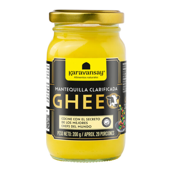 Mantequilla clarificada ghee Karavansay en frasco de vidrio, producto natural para cocinar