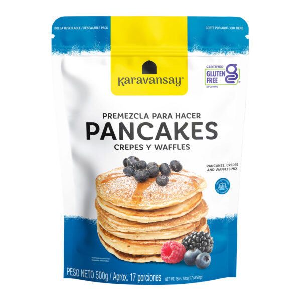 premezcla para pancakes Karavansay en bolsa blanca y azul, mezcla sin gluten para desayunos