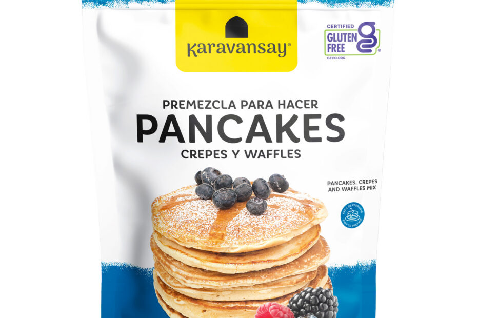 premezcla para pancakes Karavansay en bolsa blanca y azul, mezcla sin gluten para desayunos