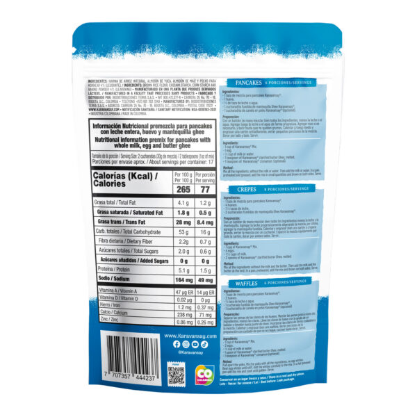 premezcla para pancakes Karavansay en bolsa blanca y azul, mezcla sin gluten para desayunos
