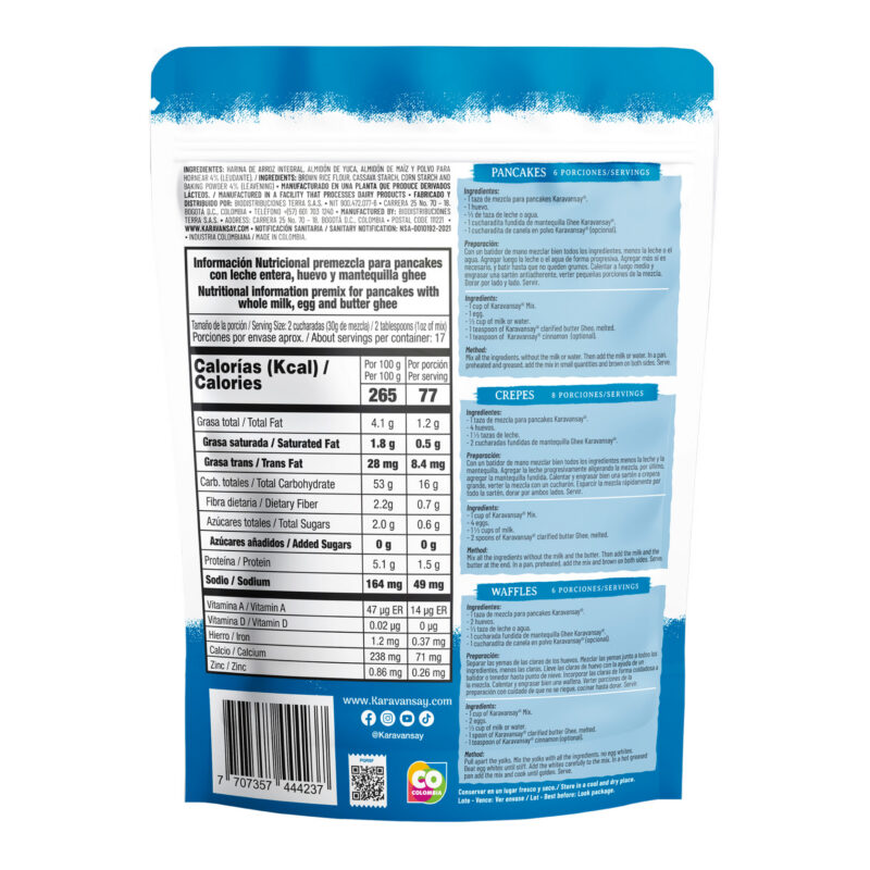 premezcla para pancakes Karavansay en bolsa blanca y azul, mezcla sin gluten para desayunos