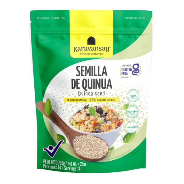 semilla de quinua Karavansay en bolsa verde, grano natural fácil de preparar