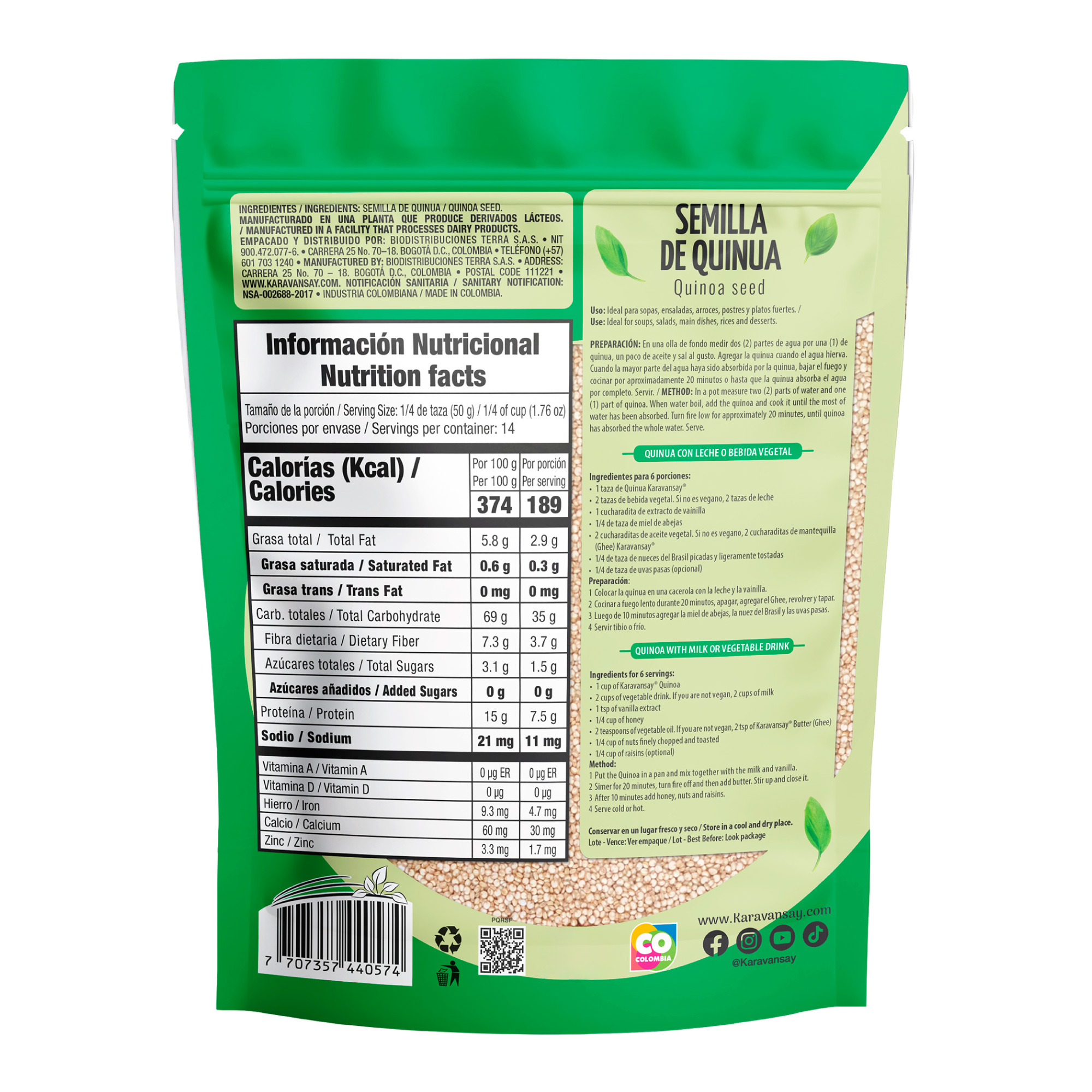 reverso de la semilla de quinua Karavansay con tabla nutricional