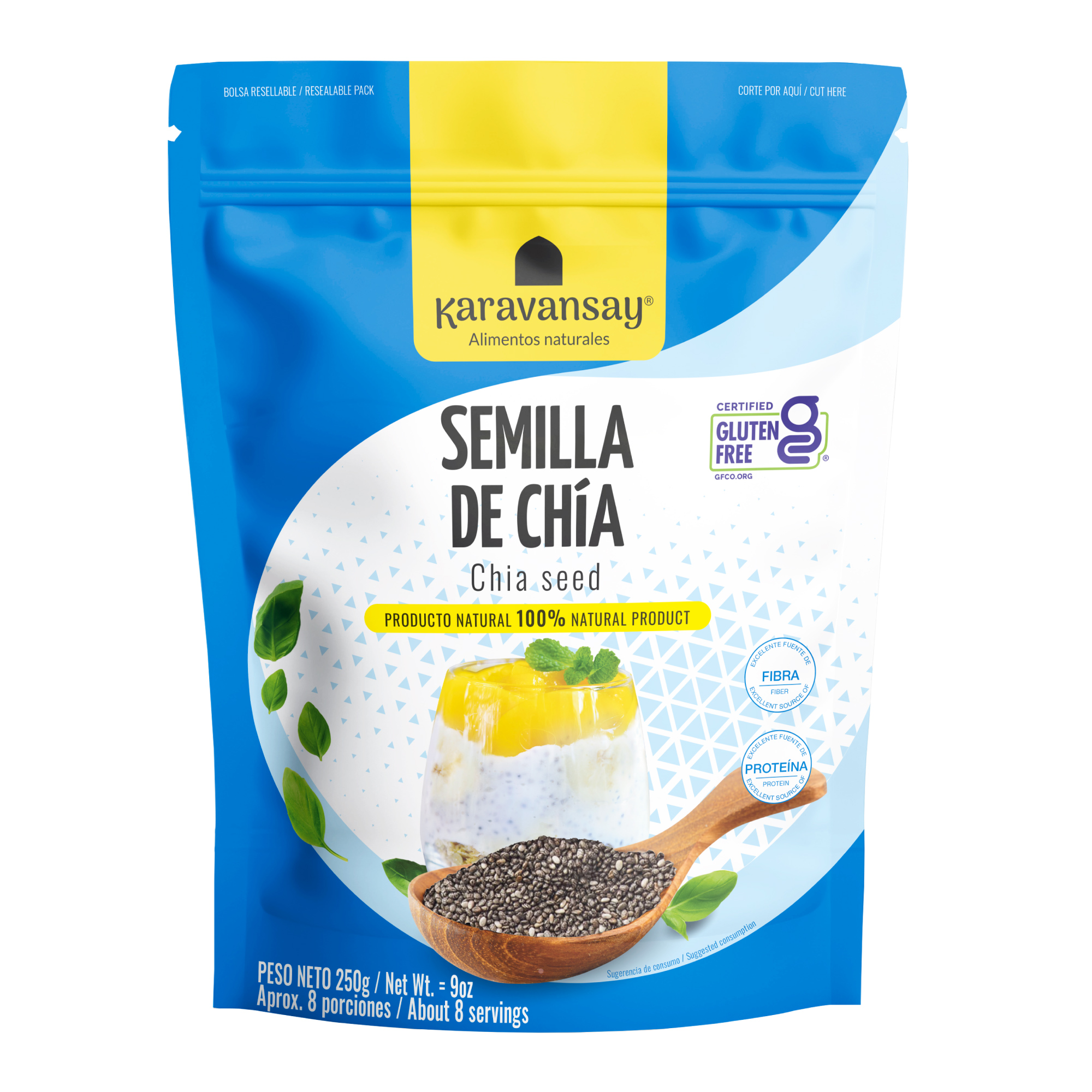 semillas de chía Karavansay en bolsa azul, producto natural rico en fibra y proteína
