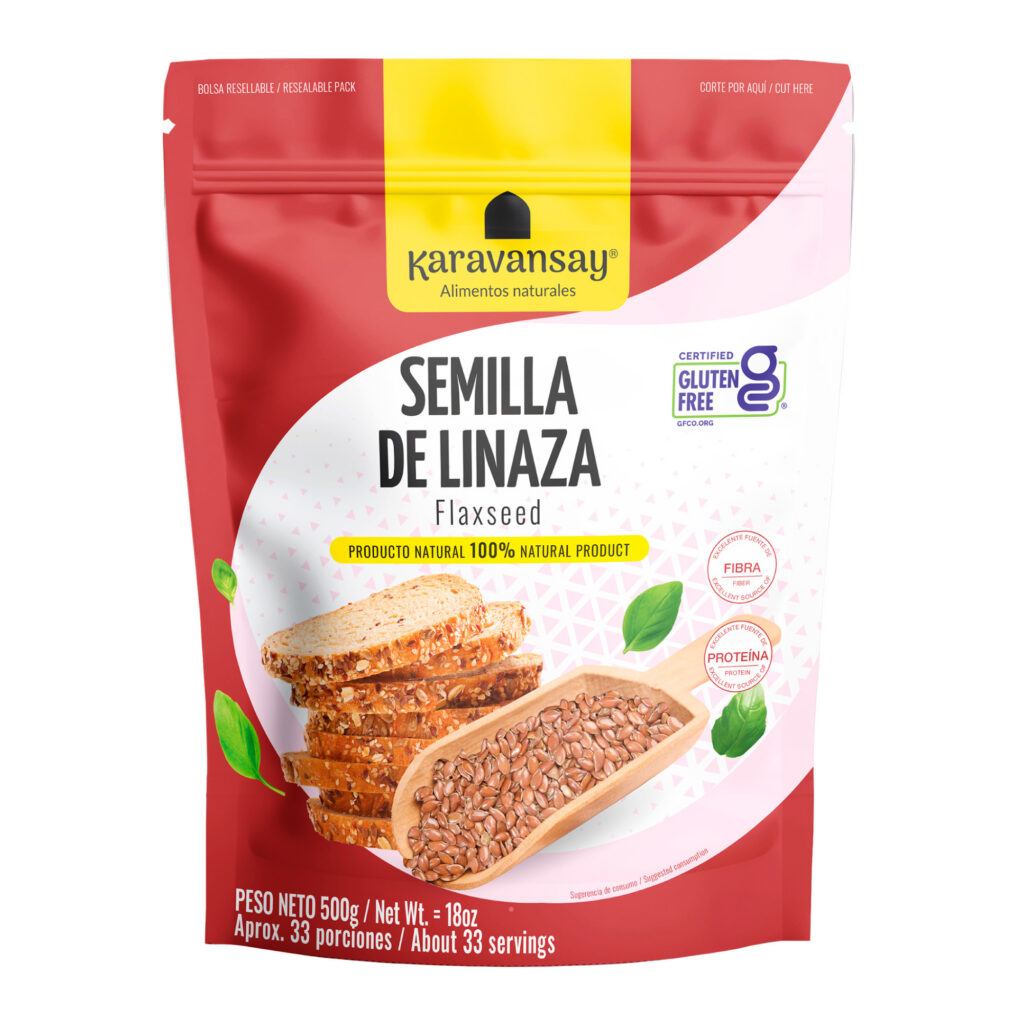 semillas de linaza Karavansay en bolsa resellable, producto natural rico en fibra y omega 3