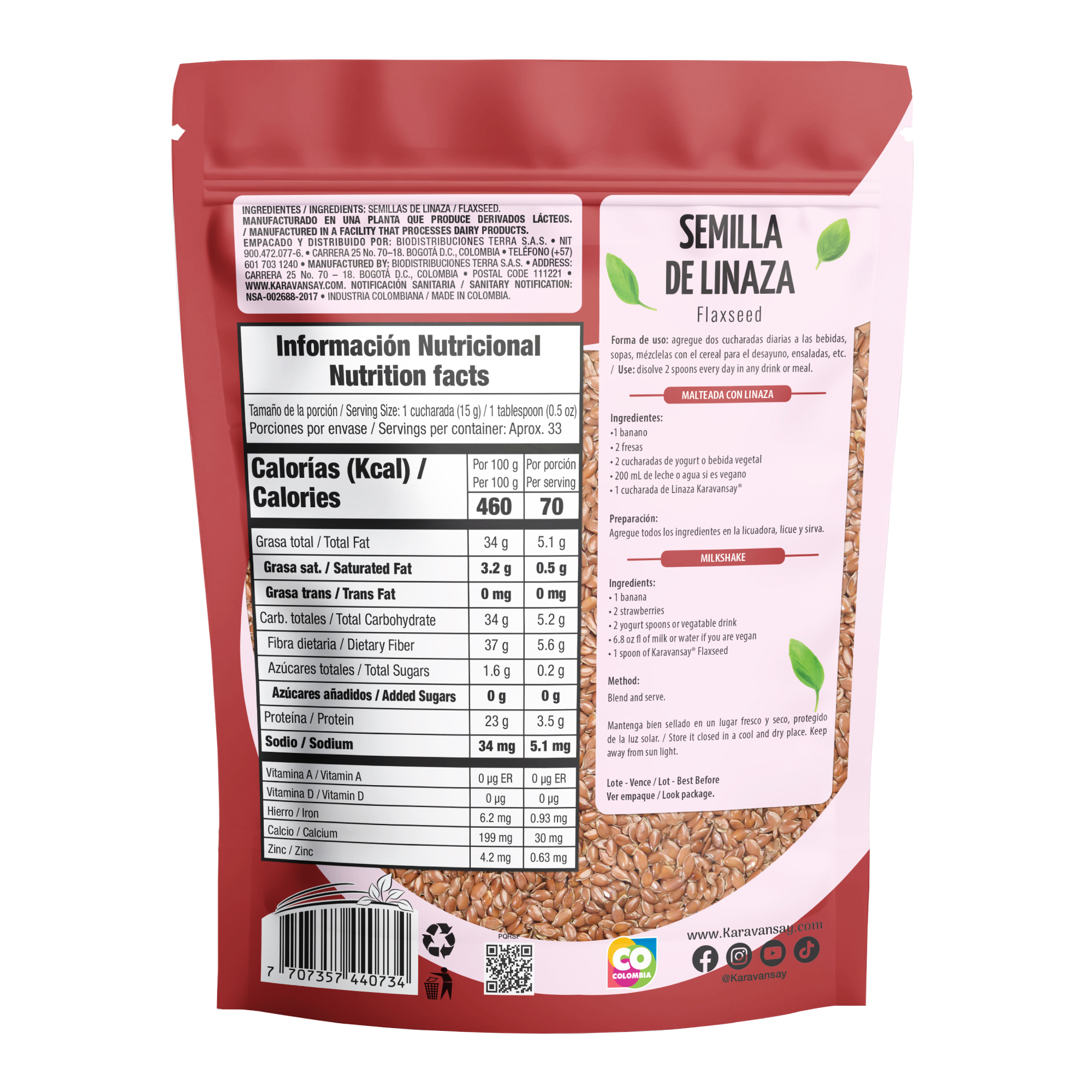 reverso de las semillas de linaza Karavansay con información nutricional