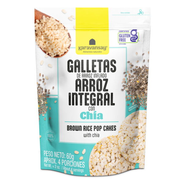 galletas de arroz integral con chía Karavansay en empaque blanco y turquesa, snack crocante