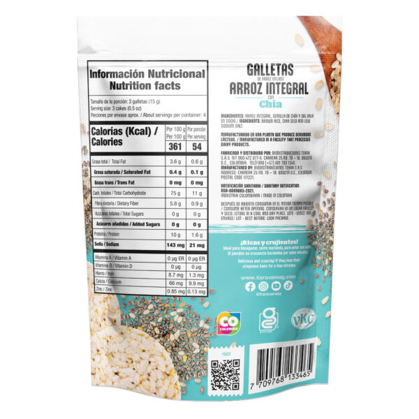reverso de las galletas de arroz integral con chía Karavansay con tabla nutricional
