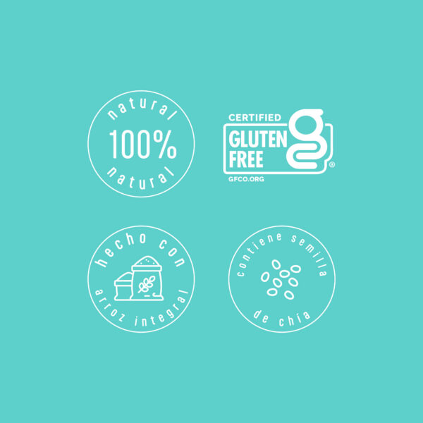 Sellos de beneficios de galletas de arroz integral con chía Karavansay, 100% natural, hechas con arroz integral y semillas de chía