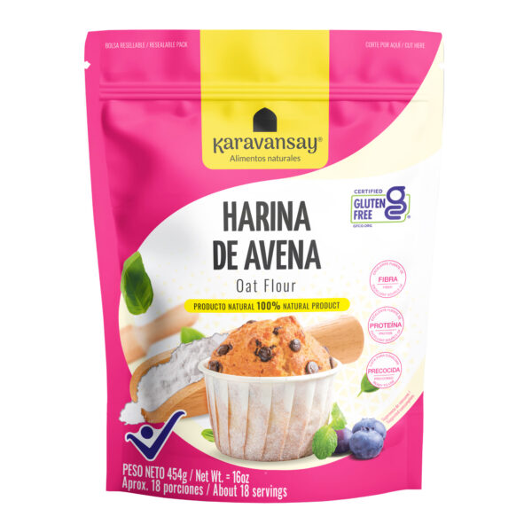 harina de avena Karavansay en bolsa rosada, producto natural para repostería
