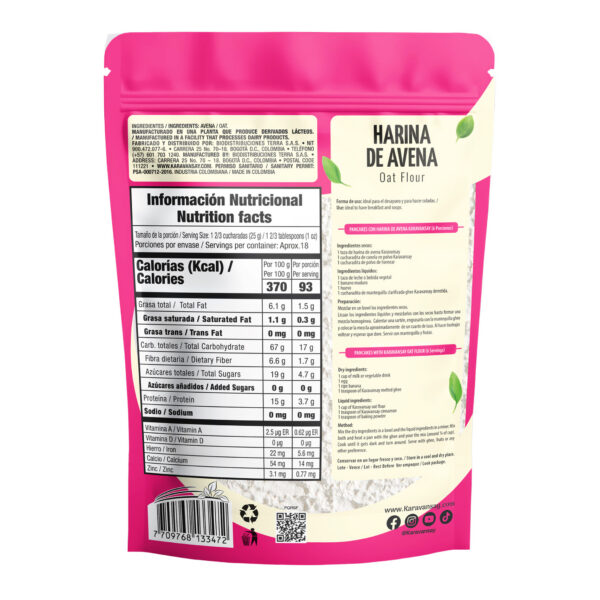 reverso de la harina de avena Karavansay con tabla nutricional