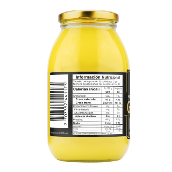 Reverso del ghee original Karavansay con información nutricional