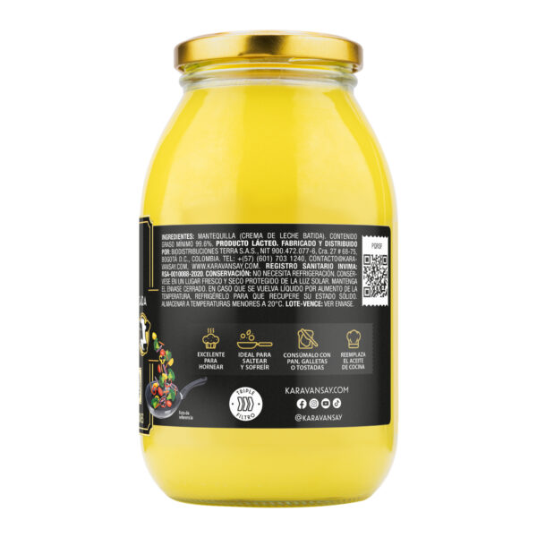 Reverso del ghee original Karavansay con ingredientes y forma de uso
