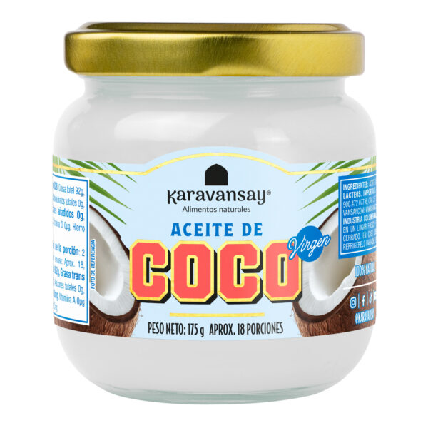 Aceite de coco virgen Karavansay en frasco de vidrio, producto natural sin refinar
