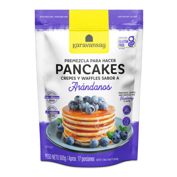 premezcla para pancakes sabor arándanos Karavansay en bolsa blanca y morada, mezcla sin gluten