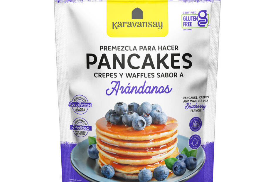 premezcla para pancakes sabor arándanos Karavansay en bolsa blanca y morada, mezcla sin gluten