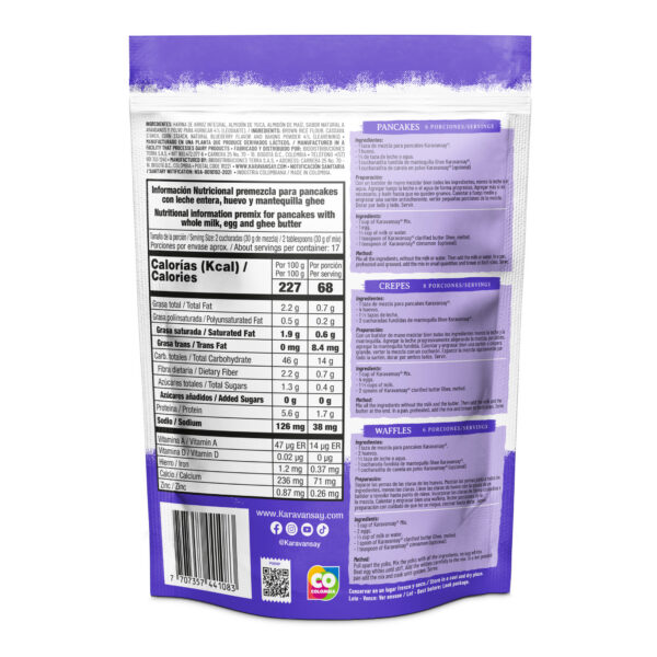 reverso de la premezcla para pancakes sabor arándanos Karavansay con tabla nutricional