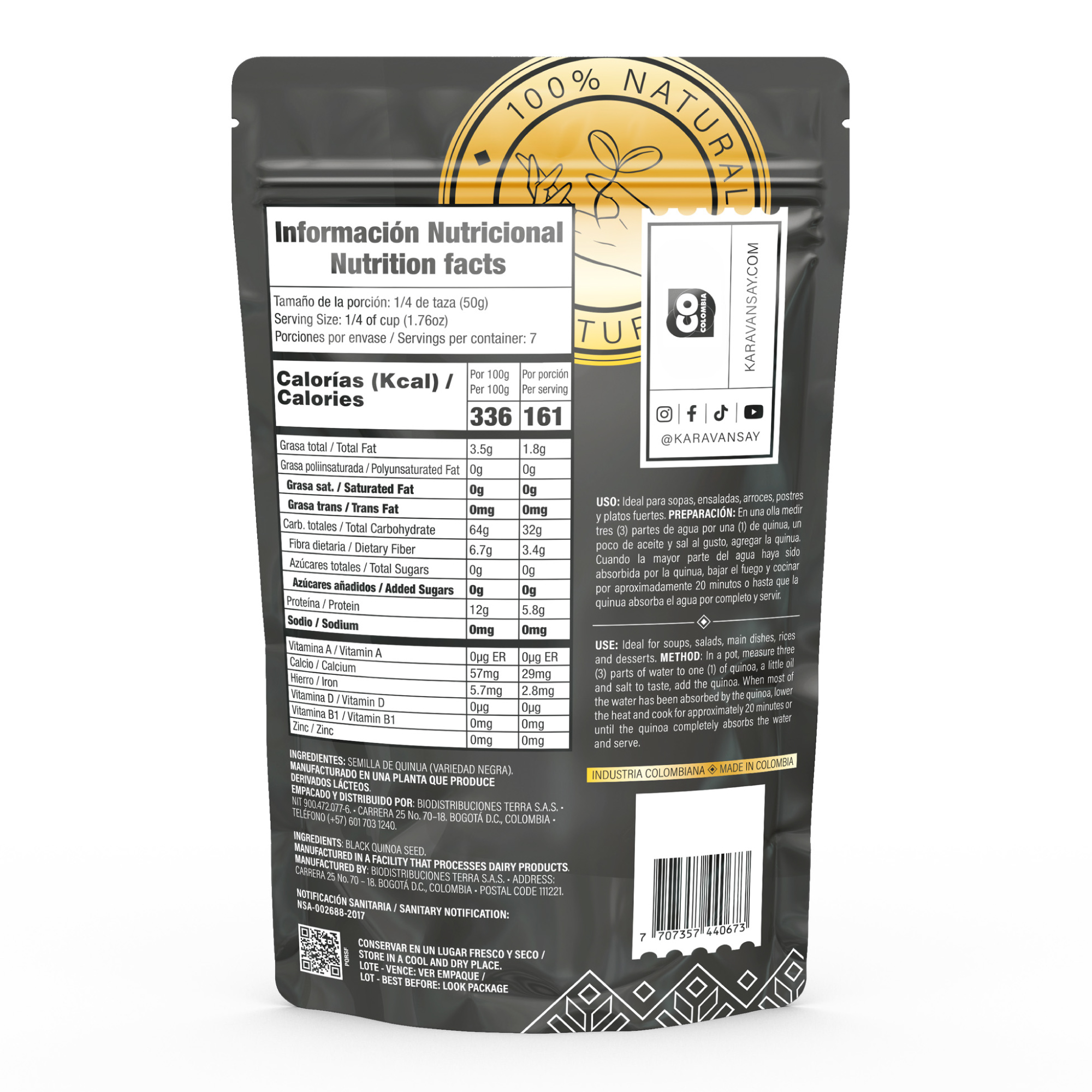 reverso de la quinua negra Karavansay con información nutricional
