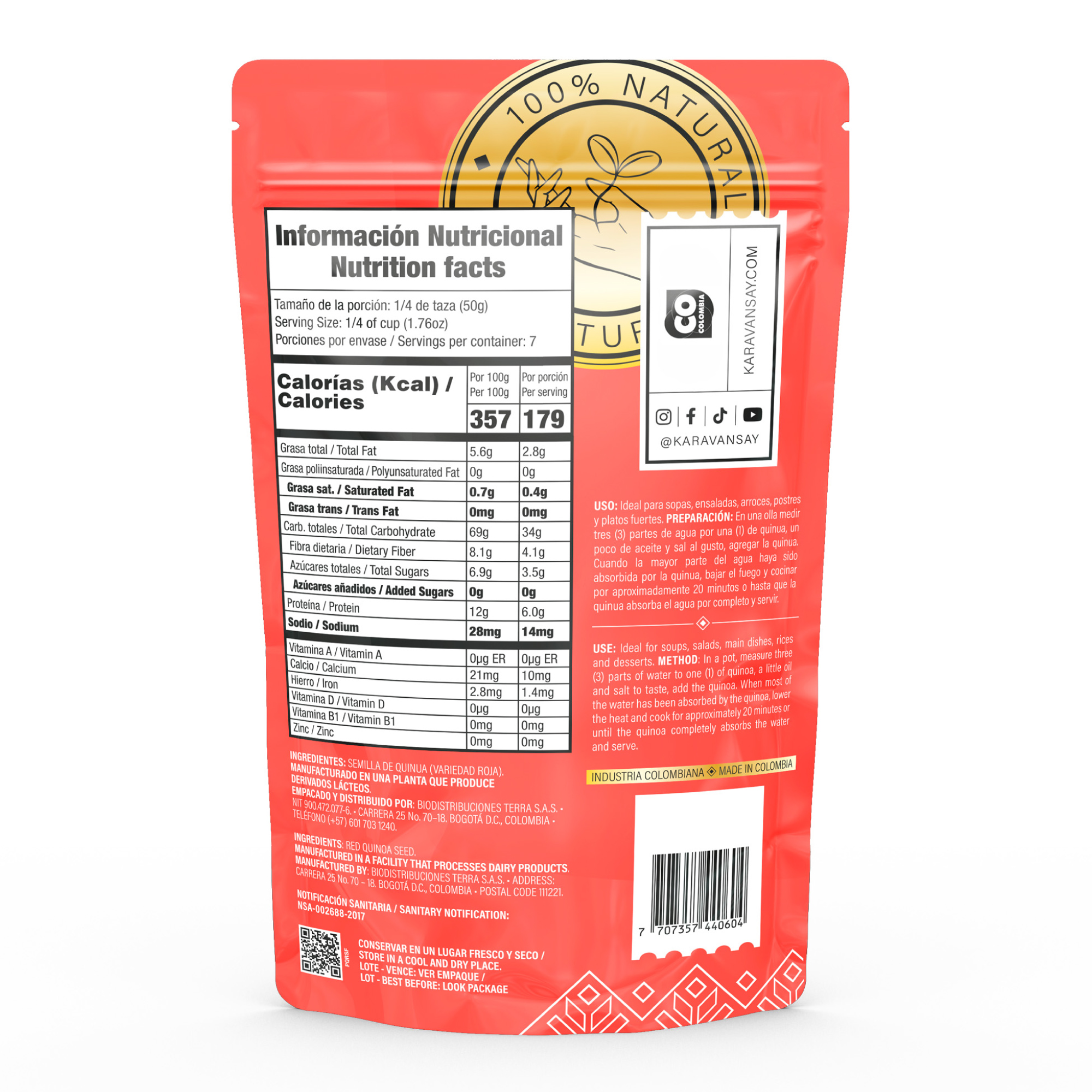 reverso de la quinua roja Karavansay con información nutricional