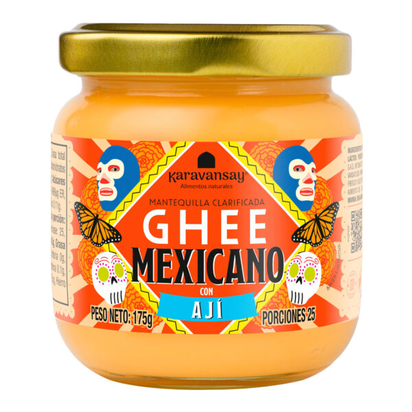 Ghee mexicano con ají Karavansay en frasco de vidrio, mantequilla clarificada con sabor picante